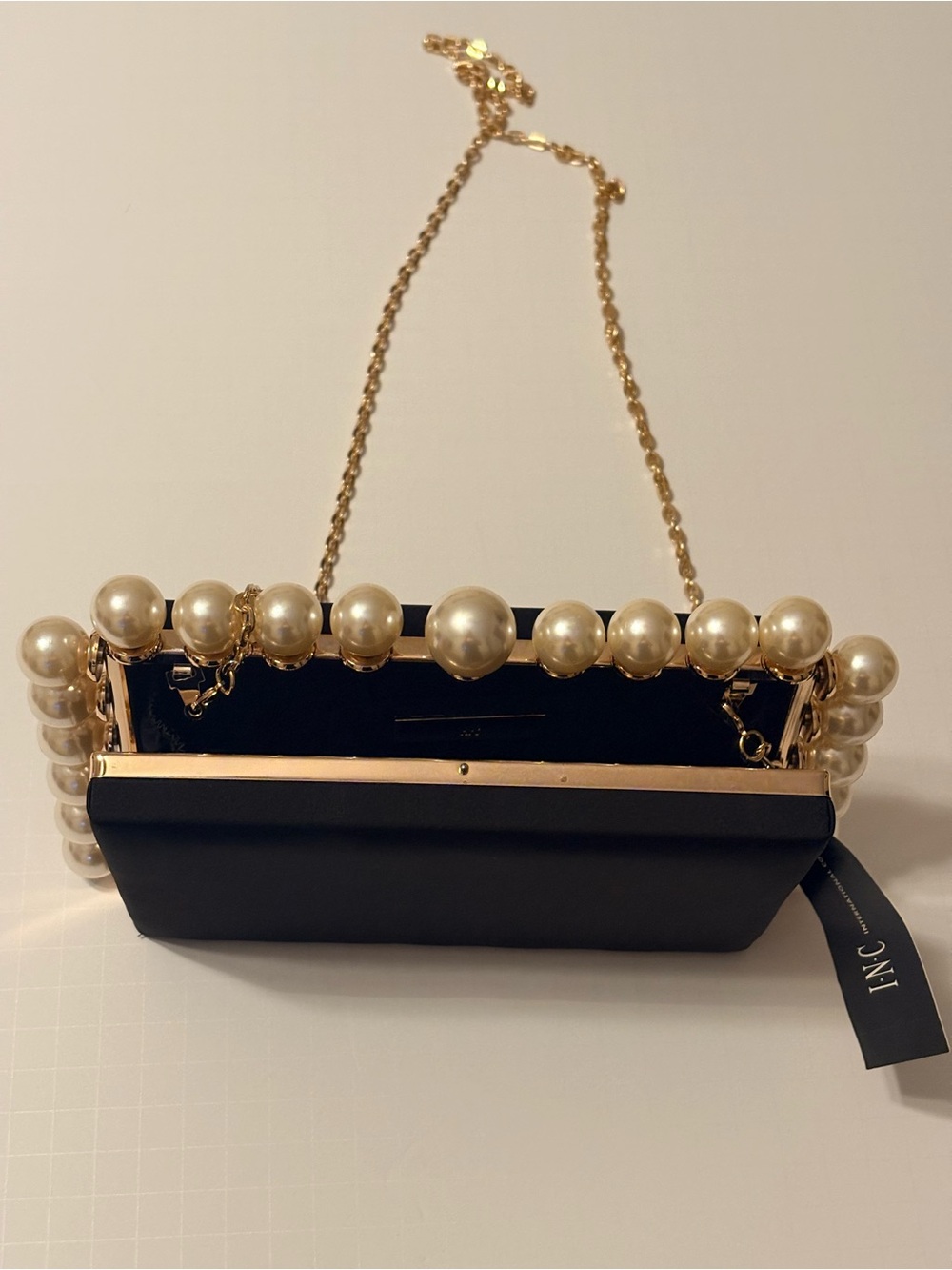 INC International Concepts Black Satin Pearl-Trim Chain Clutch - Picture 5 of 6